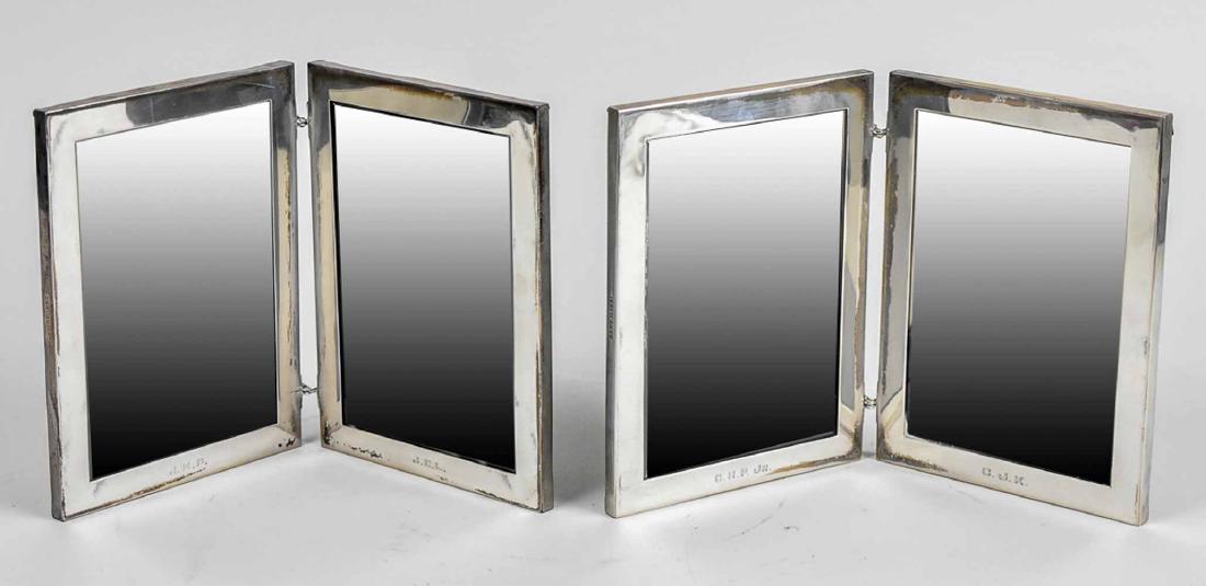 Two Sterling Silver Double Picture Frames: Each holds 6 x 8 photograph. Notice to bidders: Condition reports and additional photographs are provided by request as a courtesy to our clients, as such any condition report is only an opinion and s