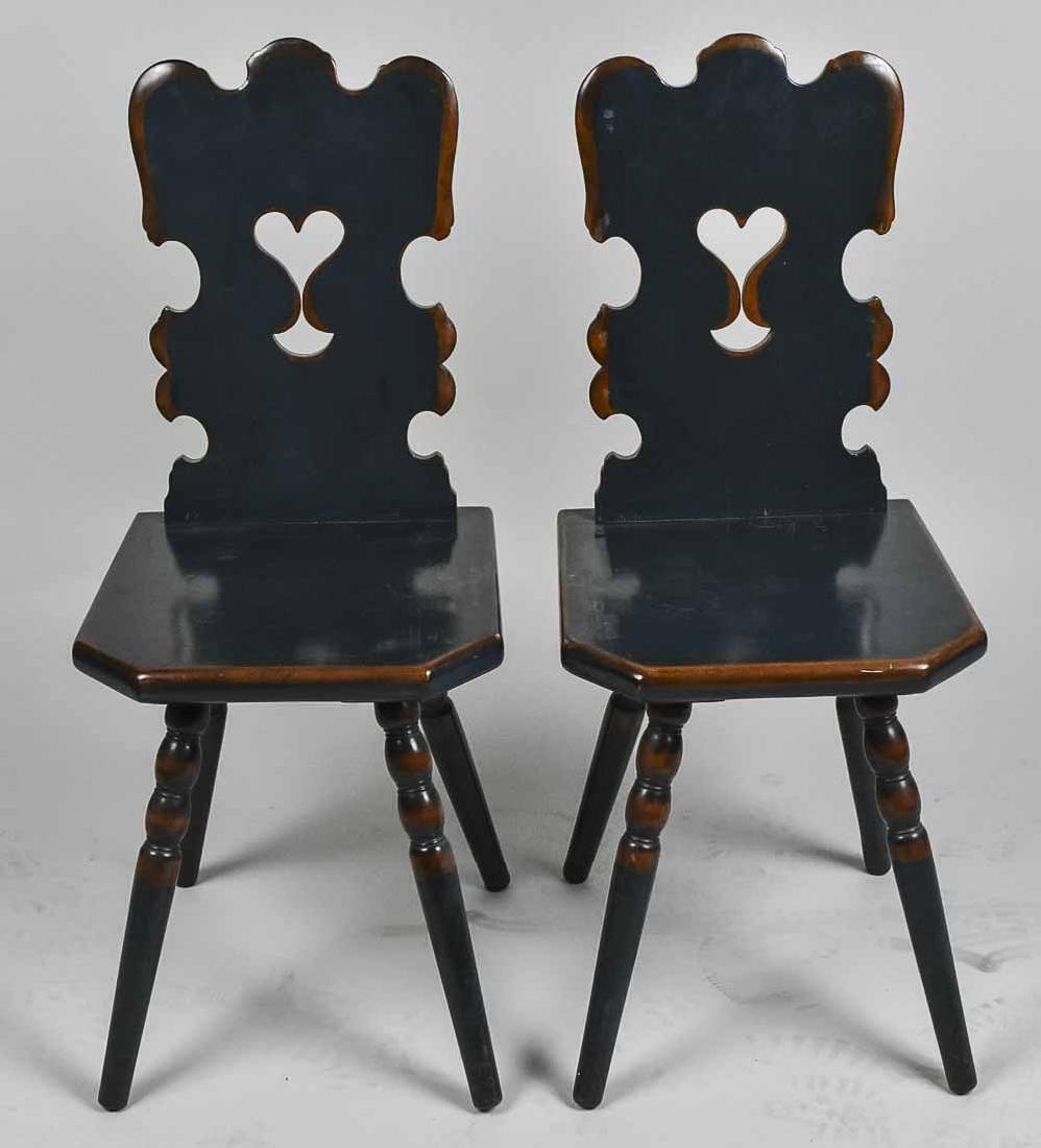 Pair of Hall Chairs: Height 34 inches, width 15 inches, depth 15 inches. Notice to bidders: Condition reports and additional photographs are provided by request as a courtesy to our clients, as such any condition report i