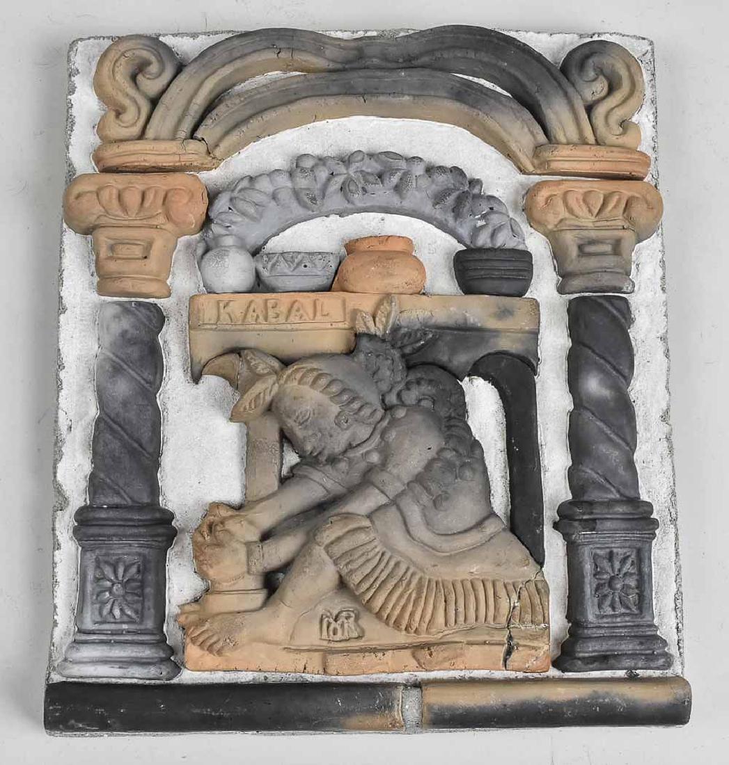 Moravian Pottery & Tile Works Plaque: Kabal by Henry Chapman Mercer, from the "New World" celebratory series, a reproduction from the original mold, depicting Lady Kabal of Mayan legend, in which as a substitute for the famous potters whe