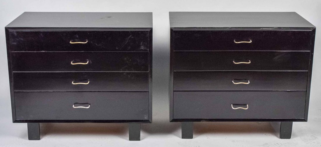 Pair of George Nelson for Herman Miller Chests: Each ebonized, with rectangular top over four graduated drawers, on block feet, label in top drawer. Height 30 inches, width 34 inches, depth 20 inches.