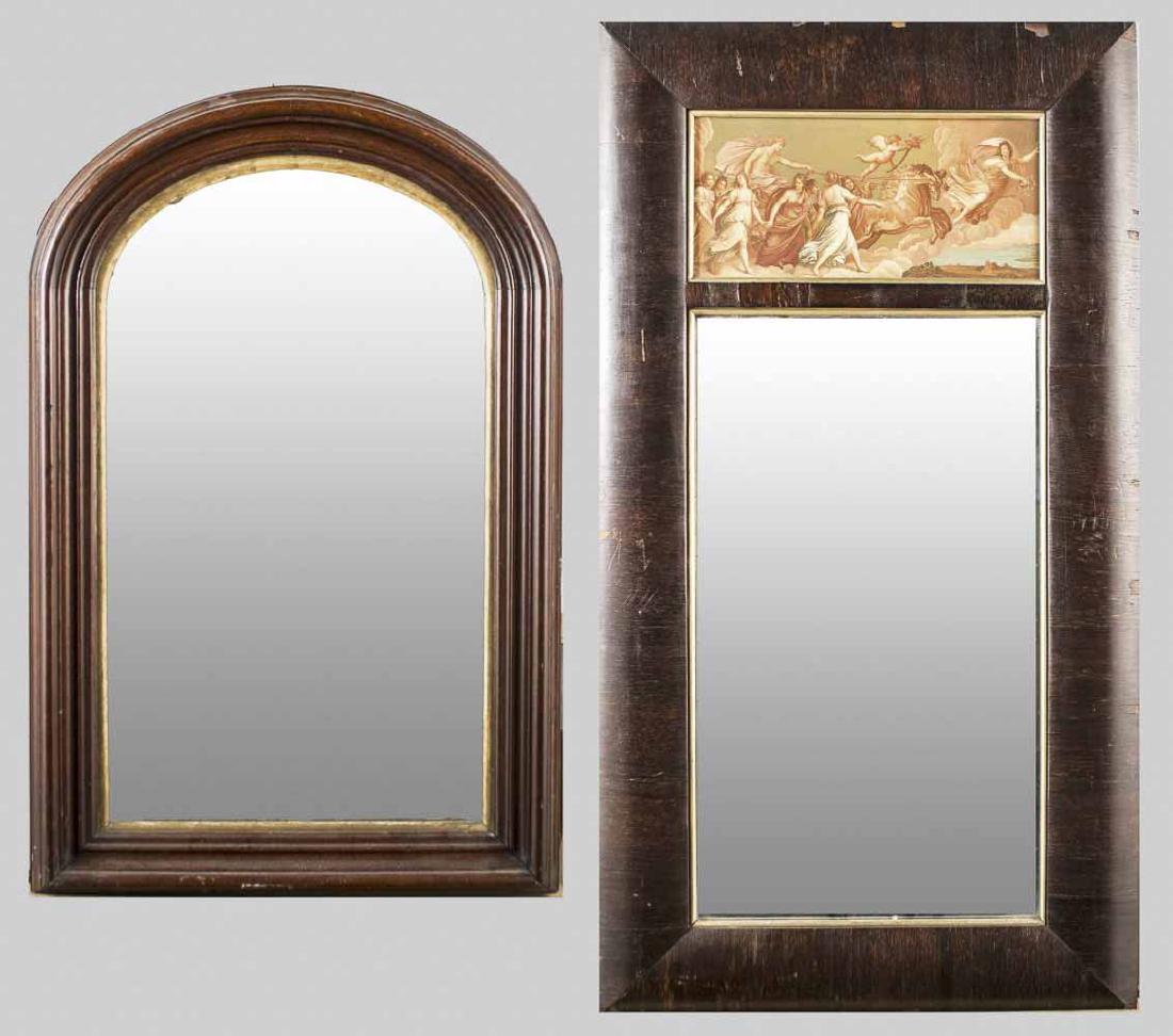 Two Vintage Wood Mirrors: One a trumeau style mirror with classical scene painted over mirror plate, ogee moulded frame, 33 inches x 17 1/2 inches; the other an arched top walnut mirror, 27 1/2 inches x 17 inches. Notice to bi