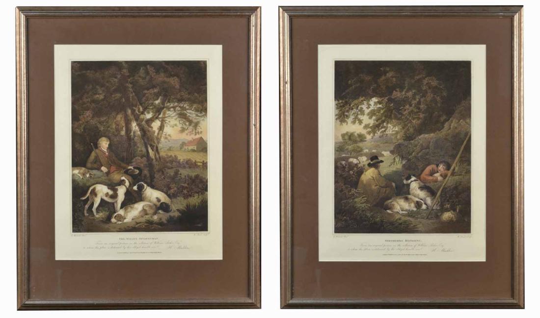 George Morland (British, 1763-1804): The Weary Sportsman and Shepherds Reposing. Engravings, circa 1803. Both sight size 22 x 17 1/2 inches. Framed. Notice to bidders: Condition reports and additional photographs are provided by request
