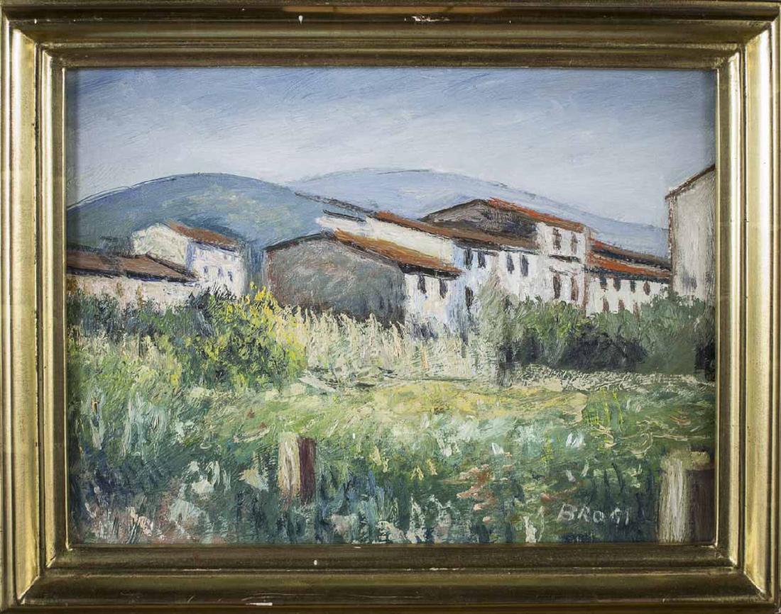Gino Brogi (Italian, 1902-1989): Case Nei Campi. Oil on canvas, 1974. Signed (l.r.). Canvas size 15 1/2 x 11 1/2 inches. Framed. Notice to bidders: Condition reports and additional photographs are provided by request as a courtesy to