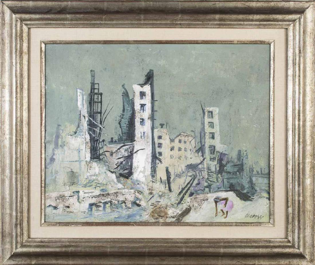 William Gropper (American, 1897-1977): Destruction. Oil on canvas. Signed (l.r.). Canvas size 16 x 20 inches. Framed. Notice to bidders: Condition reports and additional photographs are provided by request as a courtesy to our clients, as