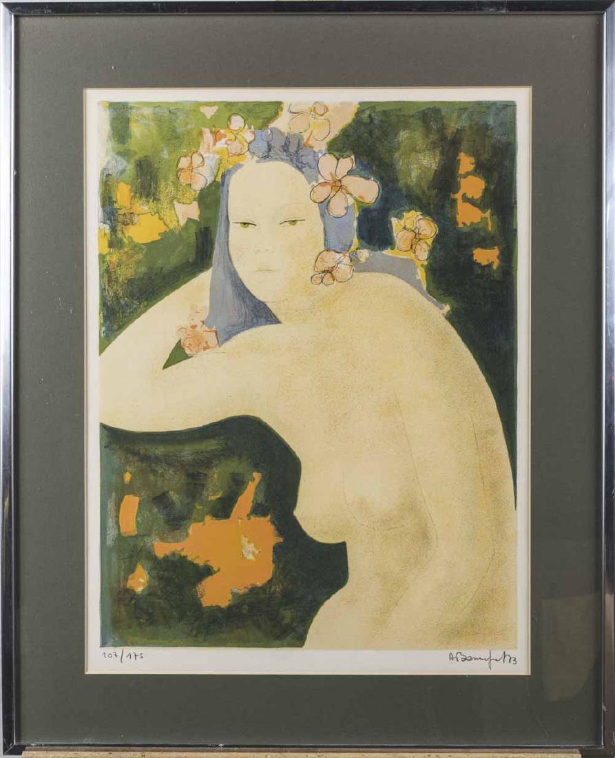 Alain Bonnefoit (French, b 1937): Woman with flowers in her hair. Lithograph, 20th century. Signed (LR) and numbered 107/175 (LL). Gallery label affixed to reverse. Frame size 30 x 24 inches, sight size 23 x 15 inches. Framed. Notice 