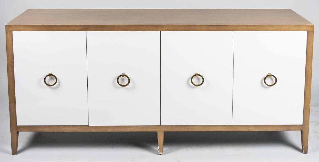 Contemporary Style Credenza: Rectangular natural finish top over four white painted doors with ring handles. Height 62 inches, width 68 inches, depth 18 inches. Notice to bidders: Condition reports and additional photographs are 