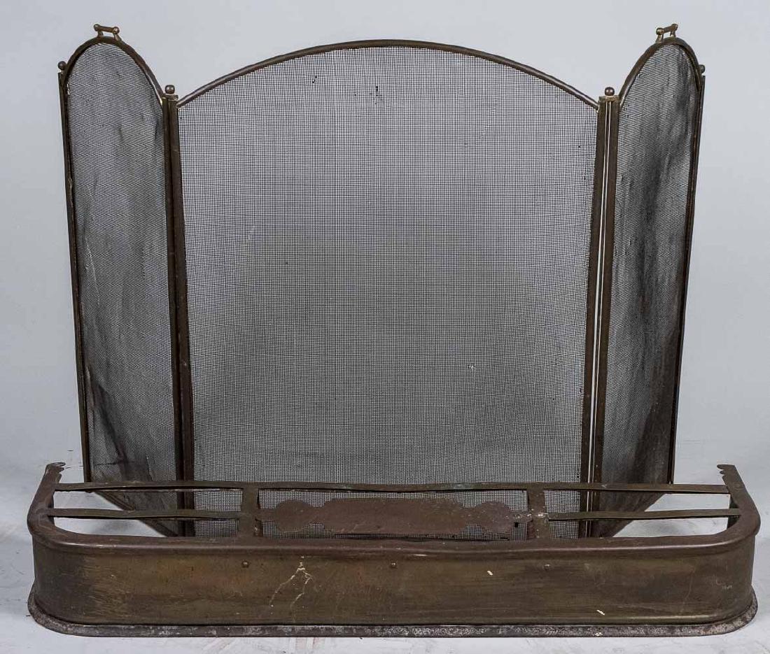 Fireplace Fender and Screen: Three panel screen and brass fender. Screen, height 34 inches, fender, length 45 inches. Notice to bidders: Condition reports and additional photographs are provided by request as a courtesy to our cl