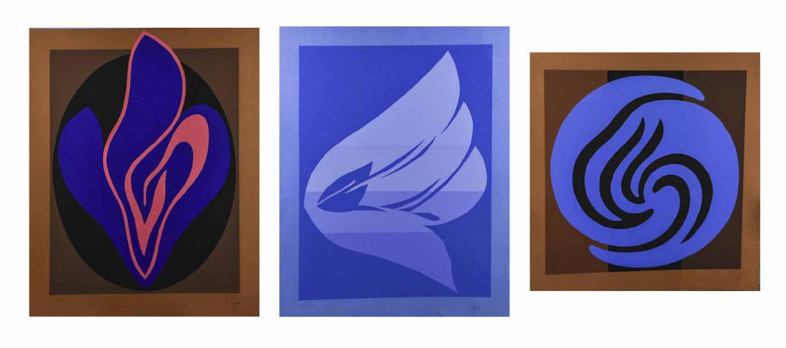 Jack Youngerman (American, b 1926): Three screenprints. Signed illegibly at lower right,and editioned 12/100. Sheet size, largest, 35 x 32 inches. Notice to bidders: Condition reports and additional photographs are provided by request a