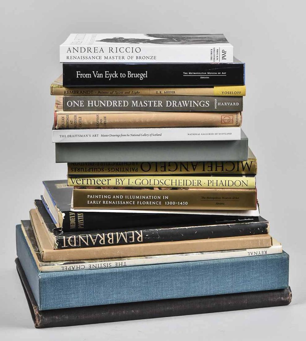 Group of Books on Medieval and Renaissance Artists: Approximately seventeen books on various artists, including Michelangelo, Raphael, El Greco, Andrea Riccio, Albrecht Durer, Vermeer, Rembrandt, etc. Notice to bidders: Condition reports and additional