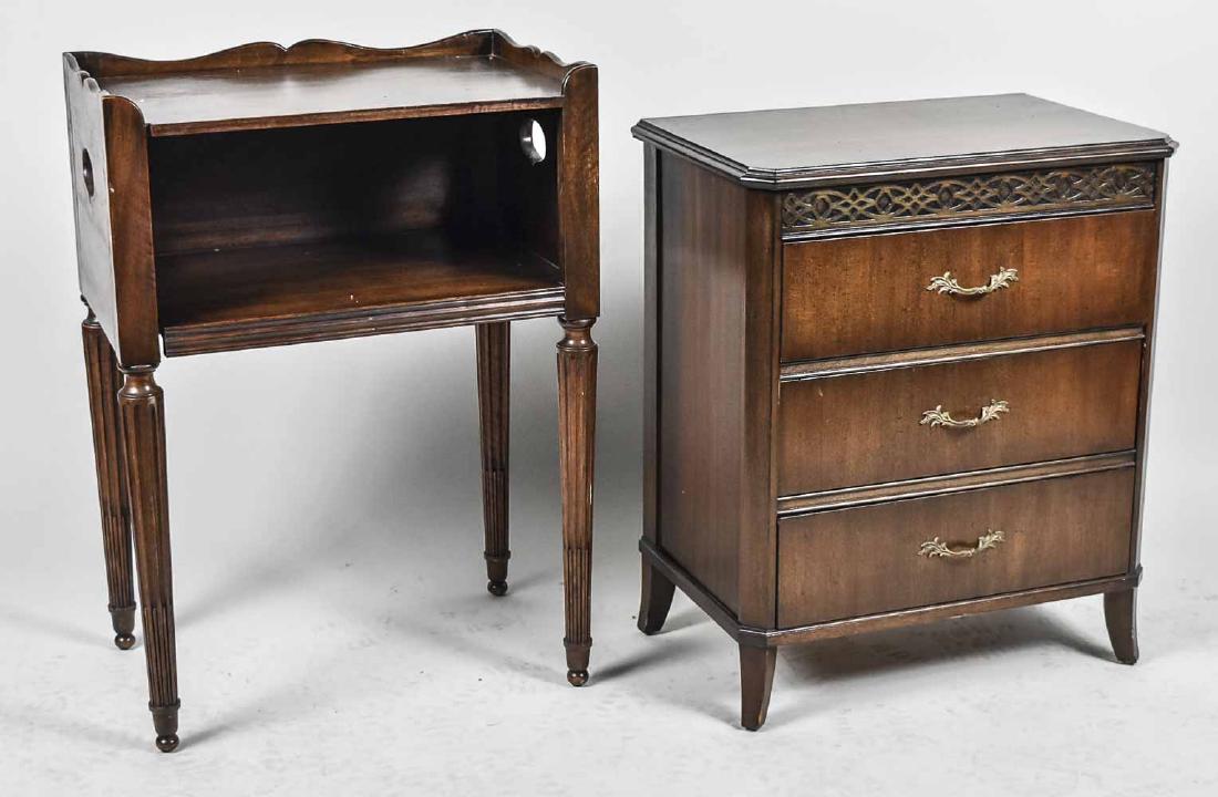 Three Drawer Chest and a Mahogany Wash Stand: 20th century reproductions. Nightstand, height 30 inches, width 22 inches, depth 14 inches. Notice to bidders: Condition reports and additional photographs are provided by request as a courtesy to our