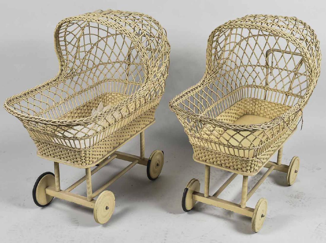 Two Wicker Baby Carriages: Height 35 inches, width 36 inches, depth 19 inches. Notice to bidders: Condition reports and additional photographs are provided by request as a courtesy to our clients, as such any condition report i