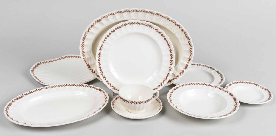 Spode Ironstone Dinner Service: Ivanhoe Rust pattern, comprising eight dinner plates, eight luncheon plates, eight salad plates, eight bread plates, eight soup plates, seven cups and eight saucers, two oval vegetable dishes, two ova