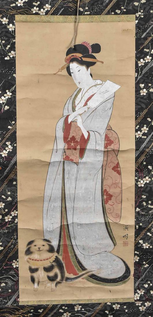 Japanese Scroll: Geisha with dog. Ink and gouache on paper, with embroidered border. On roller. Notice to bidders: Condition reports and additional photographs are provided by request as a courtesy to our clients, as 