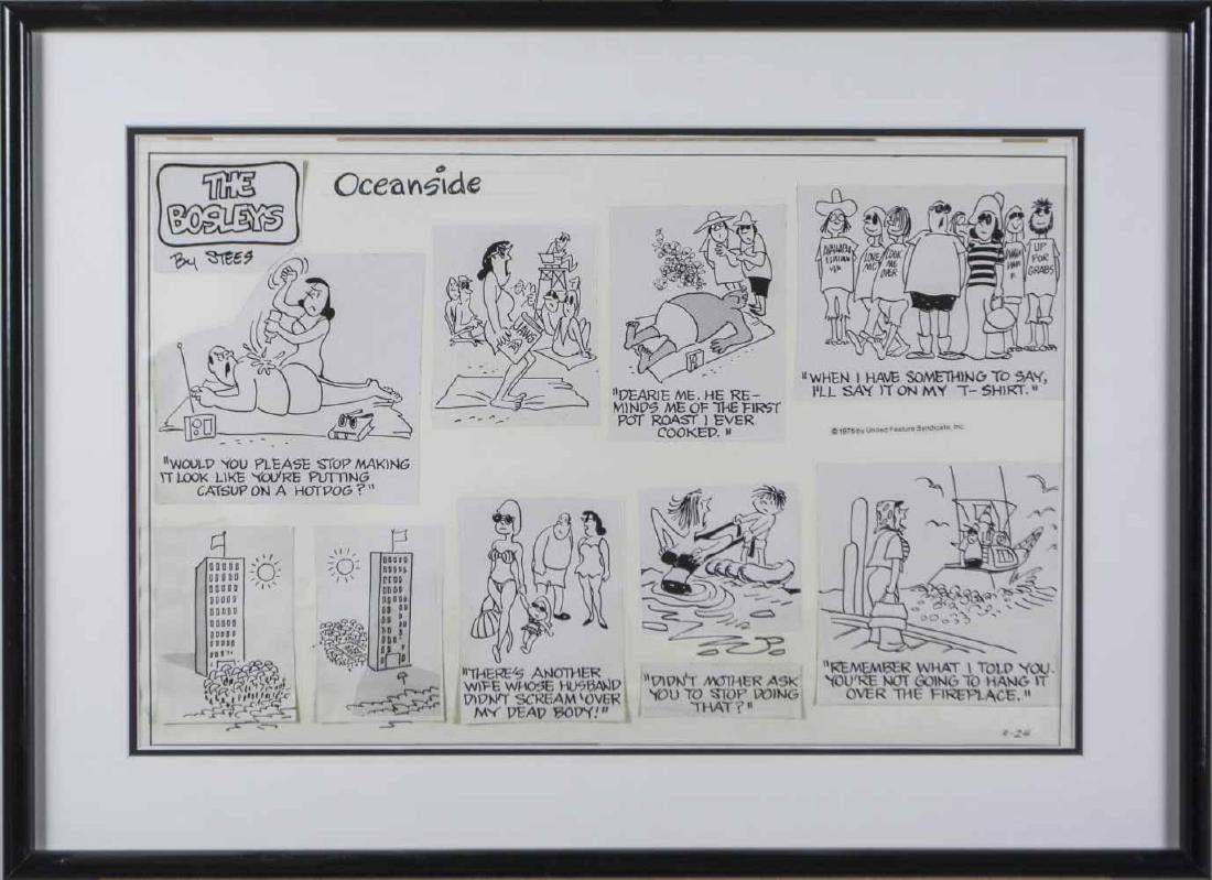 John Stees, The Bosleys Cartoon: The Bosleys, Oceanside. Pen and ink, 20th century. Size 19 x 26.25 inches. Matted and framed. Notice to bidders: Condition reports and additional photographs are provided by request as a courtesy to o