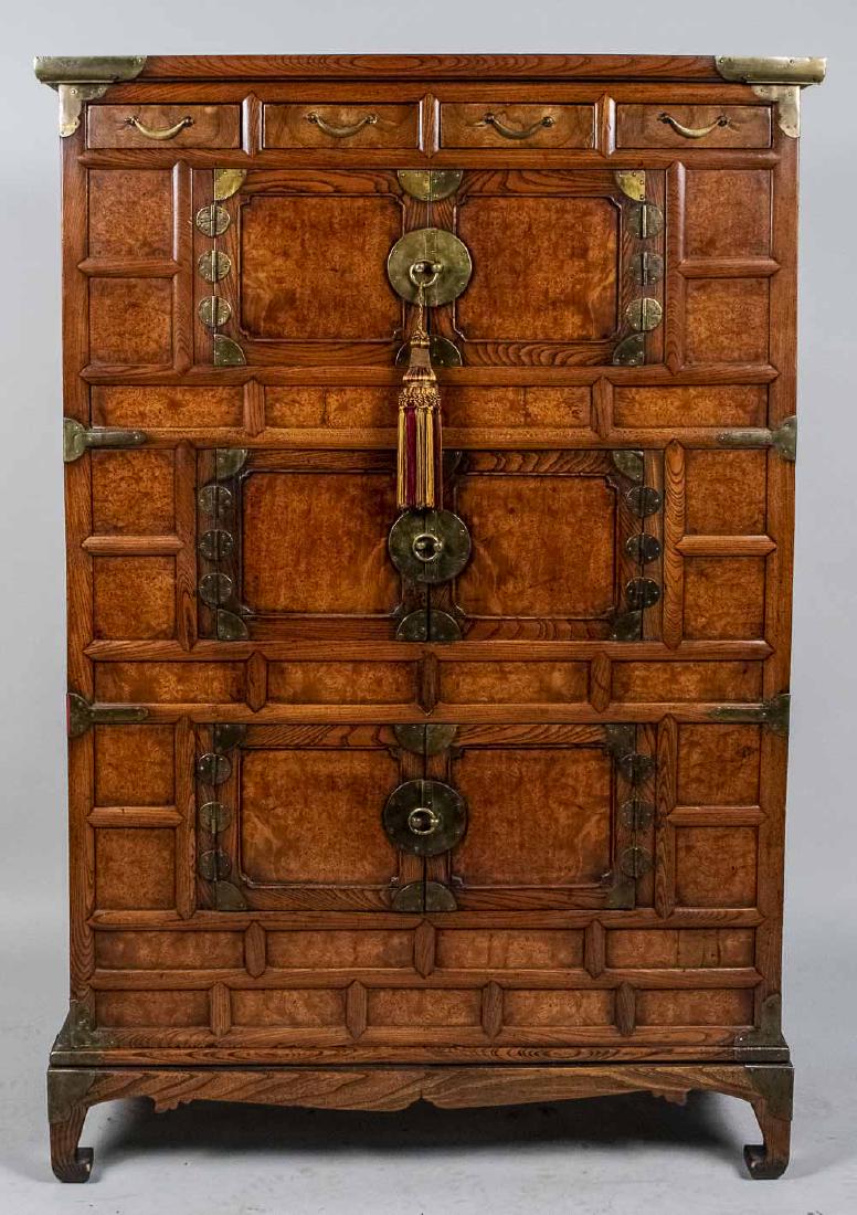 Korean Tansu Chest: Height 64 inches, width 43 inches, depth 21 inches. Notice to bidders: Condition reports and additional photographs are provided by request as a courtesy to our clients, as such any condition report i
