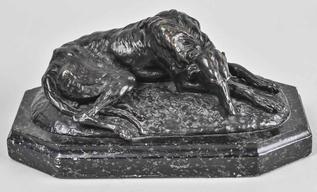 Joseph Paul Raymond Gayrard (French, 1807-1855): Reclining Deerhound. Bronze with dark brown patina. Signed Gayrard and dated London 1848. Black marbel base. Height 4 inches, with base 5 1/2 inches. Provenance: Purchased in the mid-1970s from Leon R