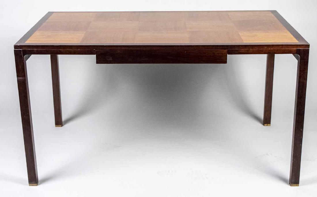 Edward Wormley for Dunbar Writing Table: Rectangular checkerboard parquetry top with cross banded edge, over a single drawer, on four square legs. Height 29 inches, width 54 inches, depth 34 inches. Notice to bidders: Condition reports and a