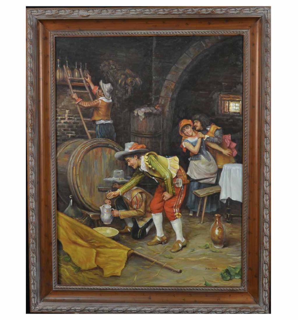 American School (20th C) Period Bar Scene: Oil on canvas, signed l.r. "John Linnell." 48 x 36 inches. Notice to bidders: Condition reports and additional photographs are provided by request as a courtesy to our clients, as such any condition r