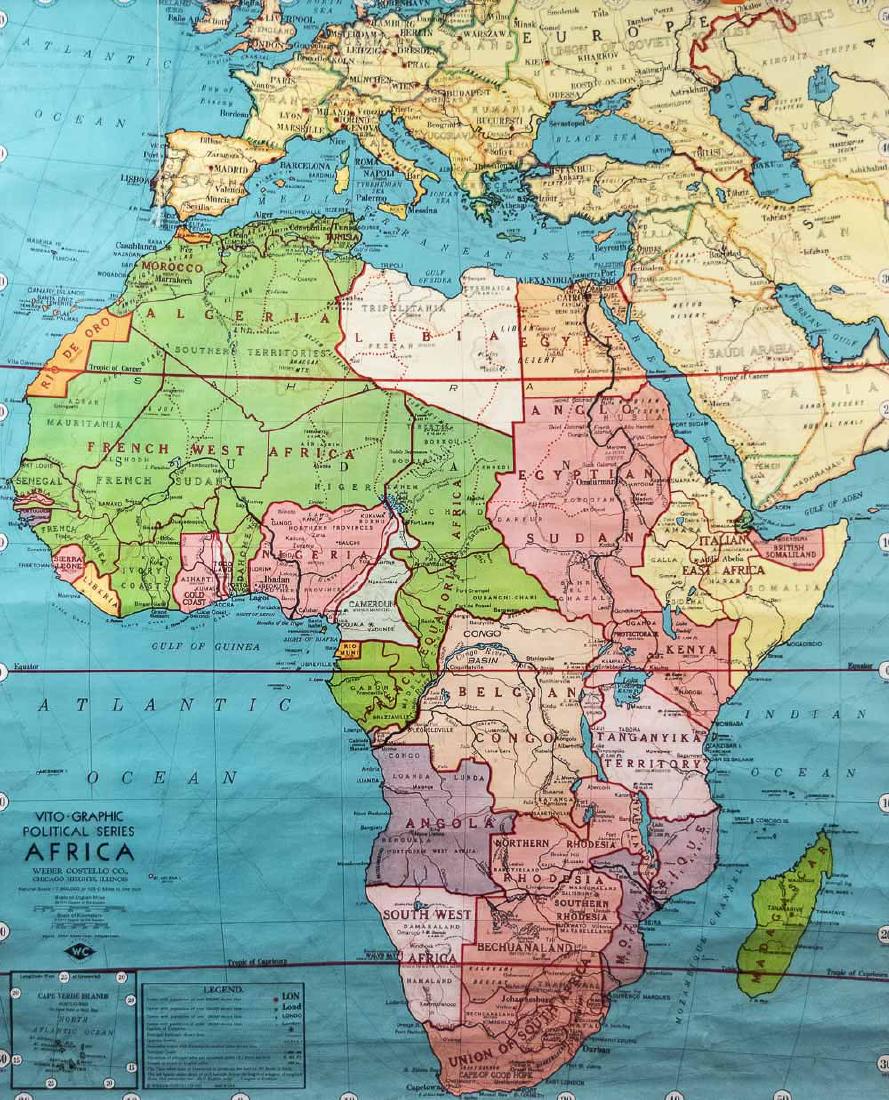 Vintage Weber Costello Pull Down Map: Africa, from the Vito-Graphic Political Series, published by Weber Costello, Chicago, IL. Notice to bidders: Condition reports and additional photographs are provided by request as a courtesy to our c