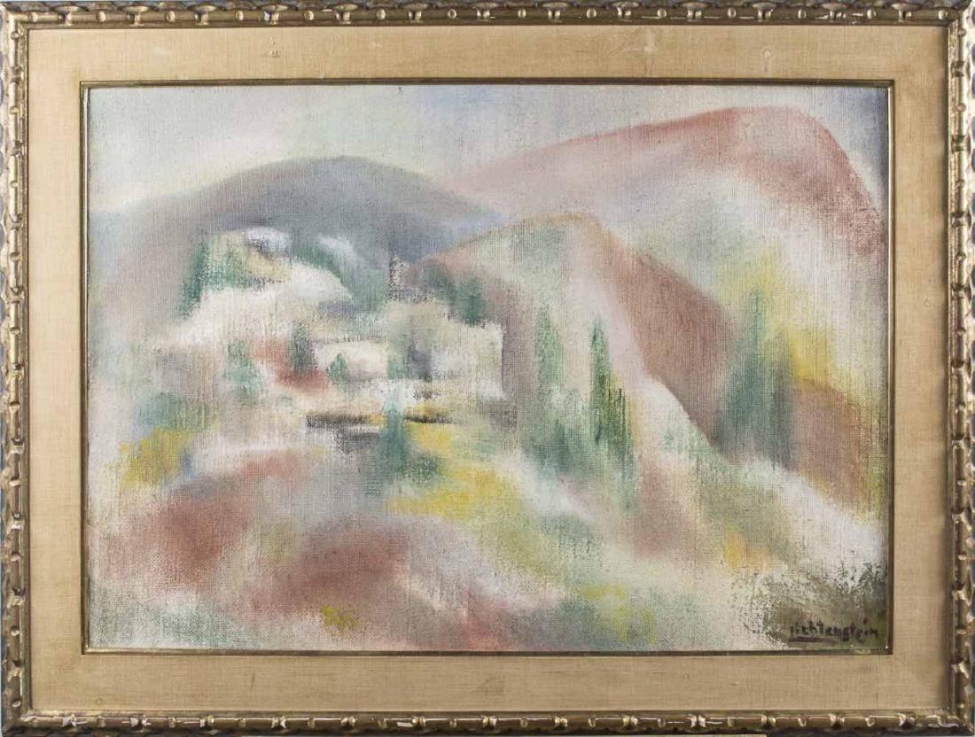Isaac Lichtenstein (American, 1888-1981): Abstracted landscape. Oil on burlap, 20th century. Signed Lichtenstein (LR) canvas size 24 x 34 inches. Notice to bidders: Condition reports and additional photographs are provided by request as a cou
