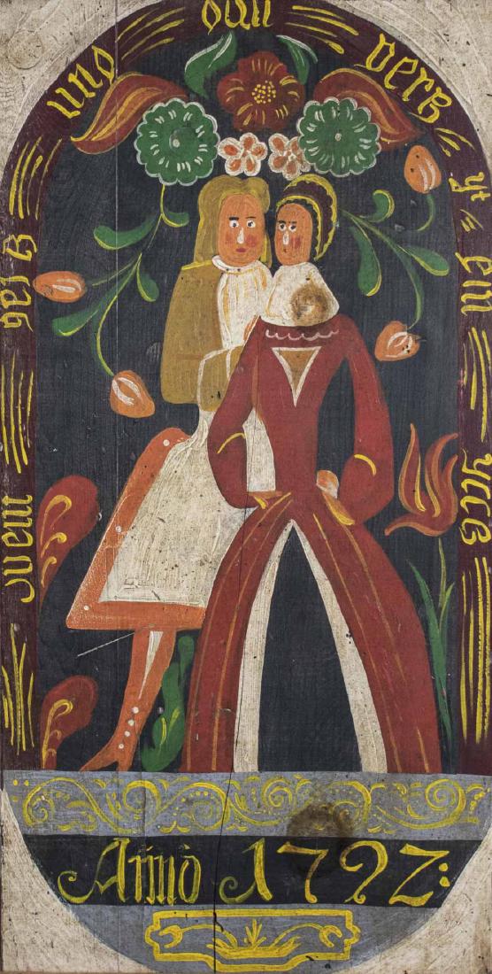 Folk Art Painting of a Couple (20th Century): Karl Mann Associates artist collaboration. Oil on wood, 20th century. Label on verso. Board size 30 x 15 inches. Unframed. Notice to bidders: Condition reports and additional photographs are provided
