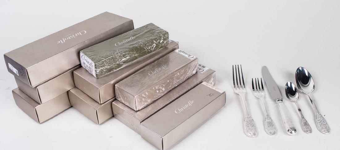Christofle Silver Plated Flatware Royal Cisele: Royal Cisele pattern. comprising eleven dinner knives, eleven place forks, eleven salad forks, eleven table spoons, eleven place spoons, eleven demitasse spoons, eleven teaspoons, five five-piece plac