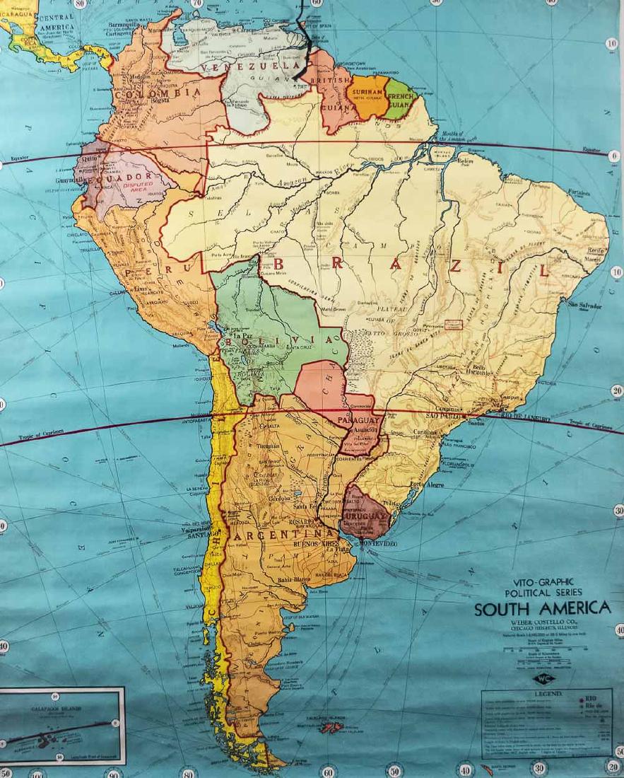 Vintage Weber Costello Pull Down Map: South America, from the Vito-Graphic Political Series, published by Weber Costello, Chicago, IL. Notice to bidders: Condition reports and additional photographs are provided by request as a courtesy t