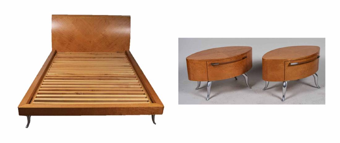 Maurice Villency Bed with Night Tables: Height 39 inches, width 67 inches, depth 90 inches. Notice to bidders: Condition reports and additional photographs are provided by request as a courtesy to our clients, as such any condition report i