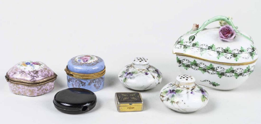 Group of Trinket Boxes: Including French porcelain boxes, a heart shaped box with floral decoration, a metal pill box, pair of porcelain shakers, etc. Heart box, height 4 inches. Notice to bidders: Due to the nature of this 