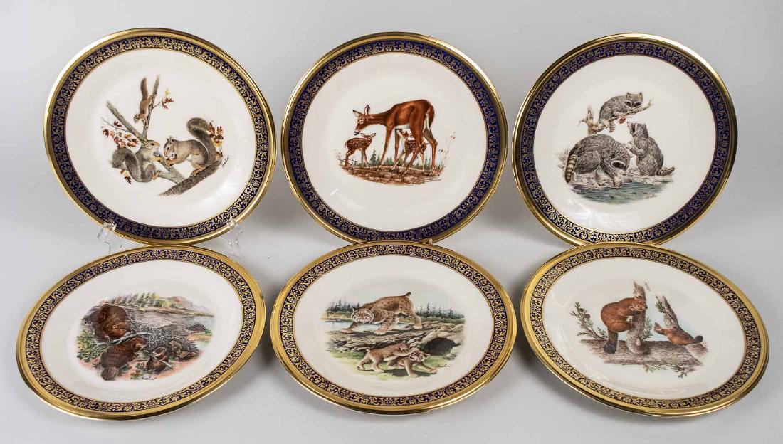 Group of Lenox Edward Marshall Boehm Plates: Seventeen plates, from the annual Woodland Wildlife series, six designs including three 1973 Raccoons, two 1977 Beavers, three 1978 Whitetail Deer, four 1979 Squirrels, three 1980 Bobcats, and two 198