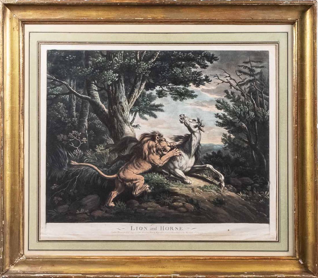 English Print (18th Century): Lion and Horse. Printed by Robert Sayer and John Bennett, London. Sight size, 19 x 23 inches. Frame size 26 x 30 inches. Matted and framed. Notice to bidders: Due to the nature of this particular onli