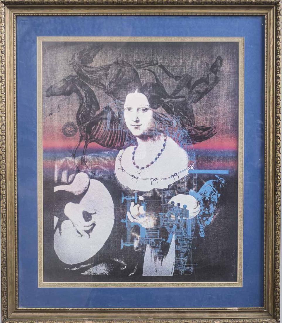 Fred Otnes (American, b 1930): Lute Player. Reproduction print. Sight size 22 1/4 x 18 1/4 inches. Matted and framed. Notice to bidders: Condition reports and additional photographs are provided by request as a courtesy to our clie