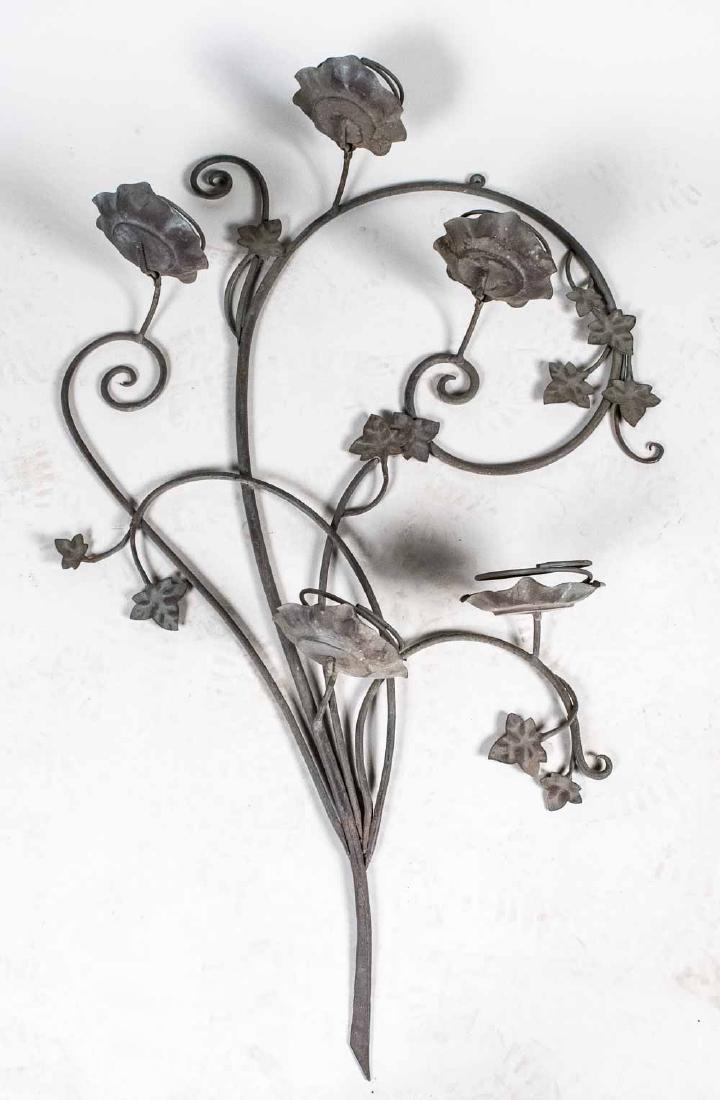 Metal Garden Sconce: Floral and scroll decoration. Height 48 inches. Notice to bidders: Due to the nature of this particular online sale, the lots offered may not be available for detailed condition reports or additional 