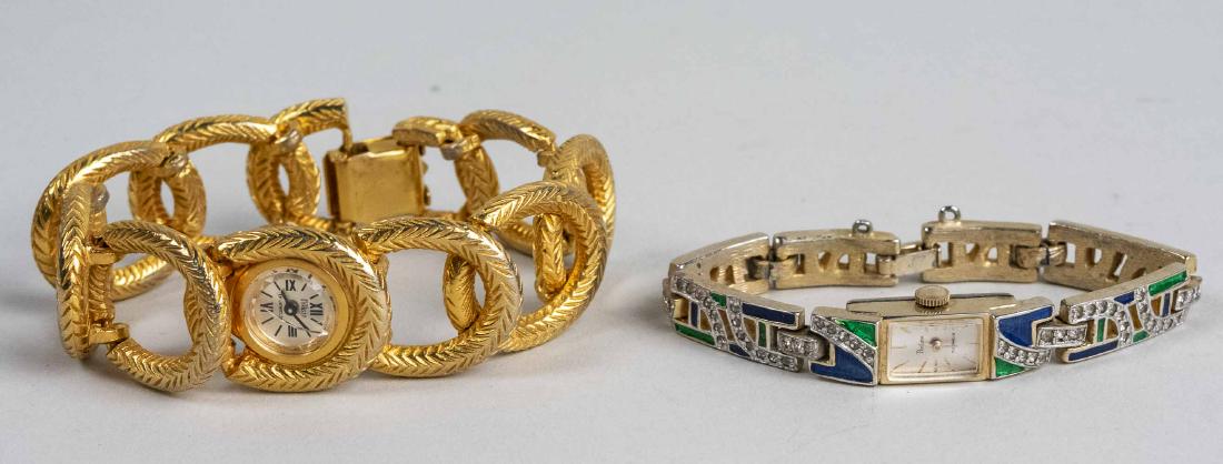 Two Fashion Watches: One a gold tone bracelet watch, dial signed Royal Dynasty, length 7 1/2 inches. the other enamel and paste bracelet watch, dial signed Pedre, length 6 inches. Notice to bidders: Due to the nature of t