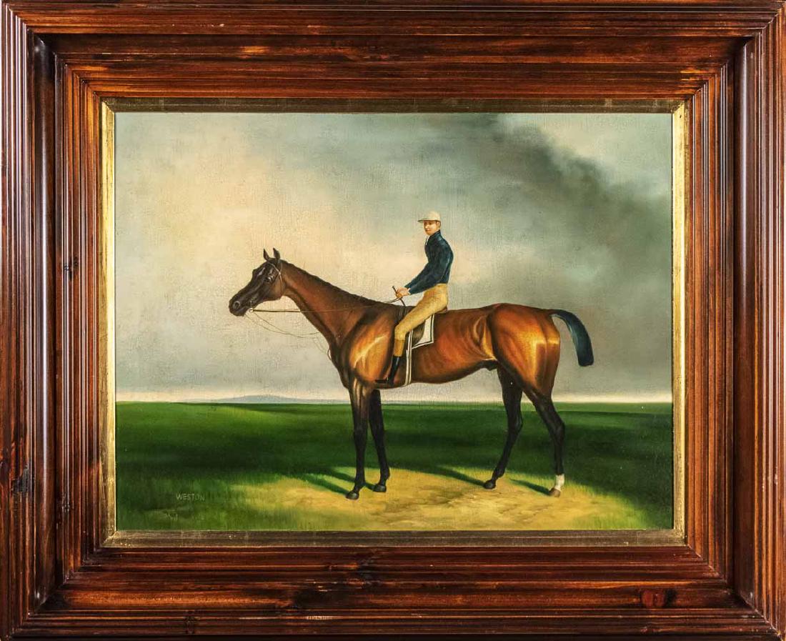 Equestrian Painting (20th Century): Man on horseback. Oil on canvas. Signed Weston. Made for ABC Carpets by Art Lore. Frame size, 37 x 43 inches. Notice to bidders: Due to the nature of this particular online sale, the lots offered may 