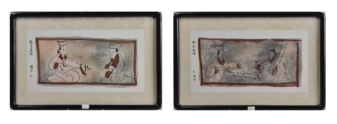 Pair of Asian Pictures: Watercolor and ink pictures each featuring two seated figures playing musical instruments and signed with characters. Frame size 13 1/2 x 21 inches. Notice to bidders: Due to the nature of this partic