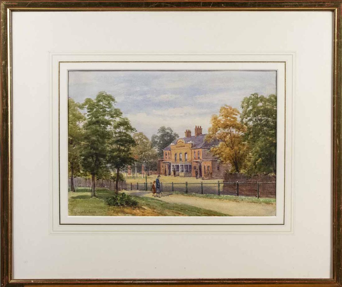 Harold Lawes (English, 1865-1940): "The Bull and Bush." Signed with initials and dated 1931 at lower left. Sight size, 10 1/4 x 14 inches. Frame size, 20 x 23 1/2 inches. Matted and framed. Notice to bidders: Condition reports and addi