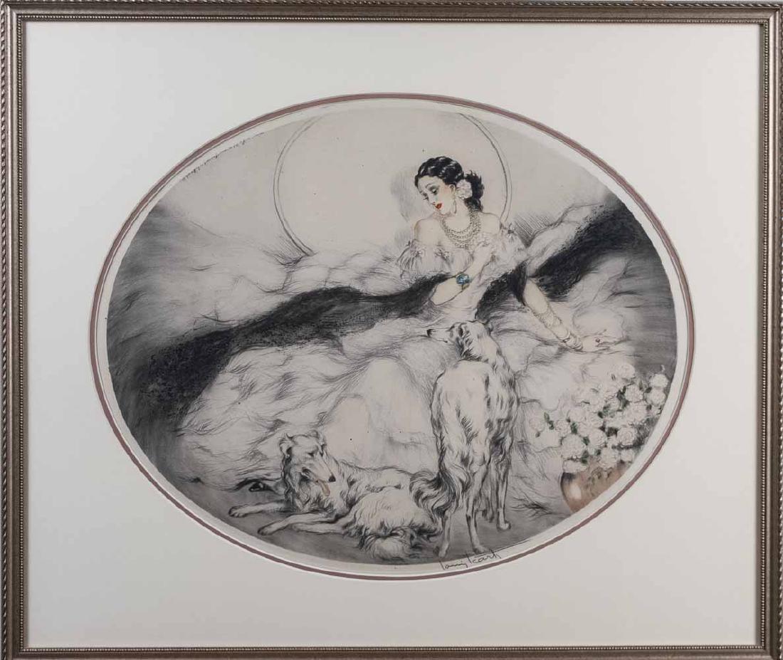 Louis Icart (French, 1888 - 1950): La Dame Aux Camelias. Handcolored etching and drypoint on paper. Signed in penceil at lower right, engravers copyright mark at upper left. Sight size, 17 x 20 1/2 inches. Frame size, 23 3/4 x 27 3/4 i