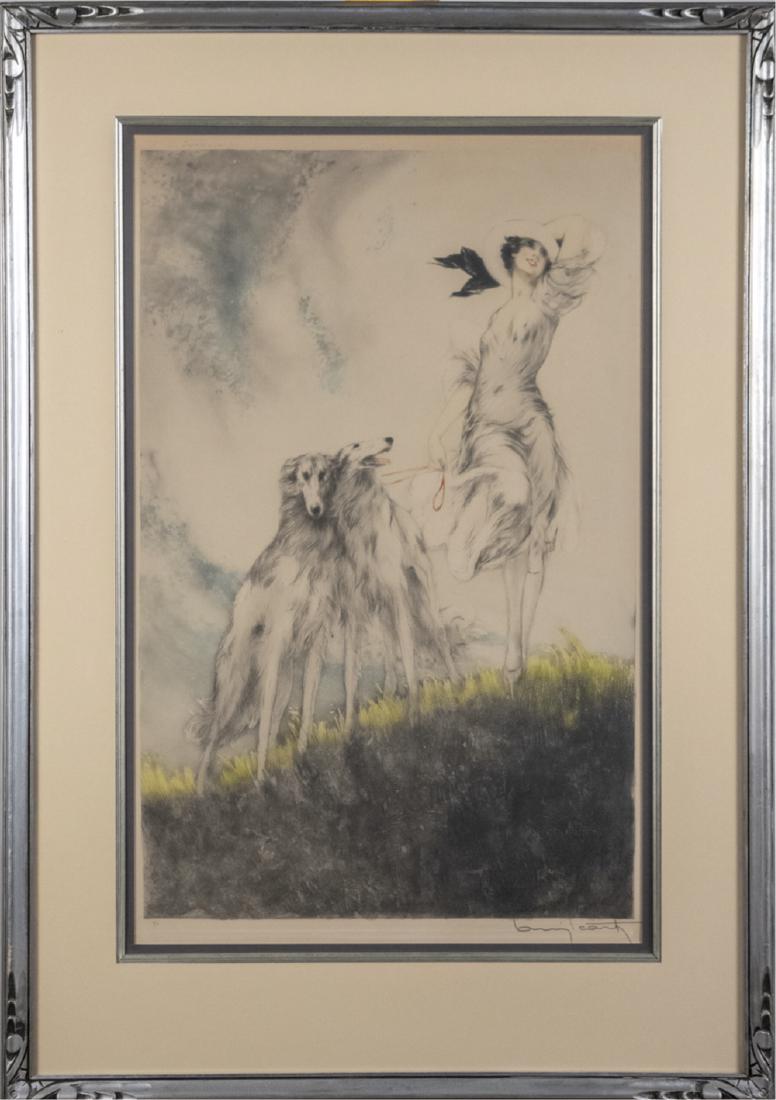 Louis Icart (French, 1888 - 1950): Joi de vivre. Handcolored etching and drypoint. Signed at lower right and editioned 71. Copyright 1929. Sight size, 24 1/2 x 15 1/2 inches. Frame size, 33 1/2 x 23 1/2 inches. Matted and framed. Notic