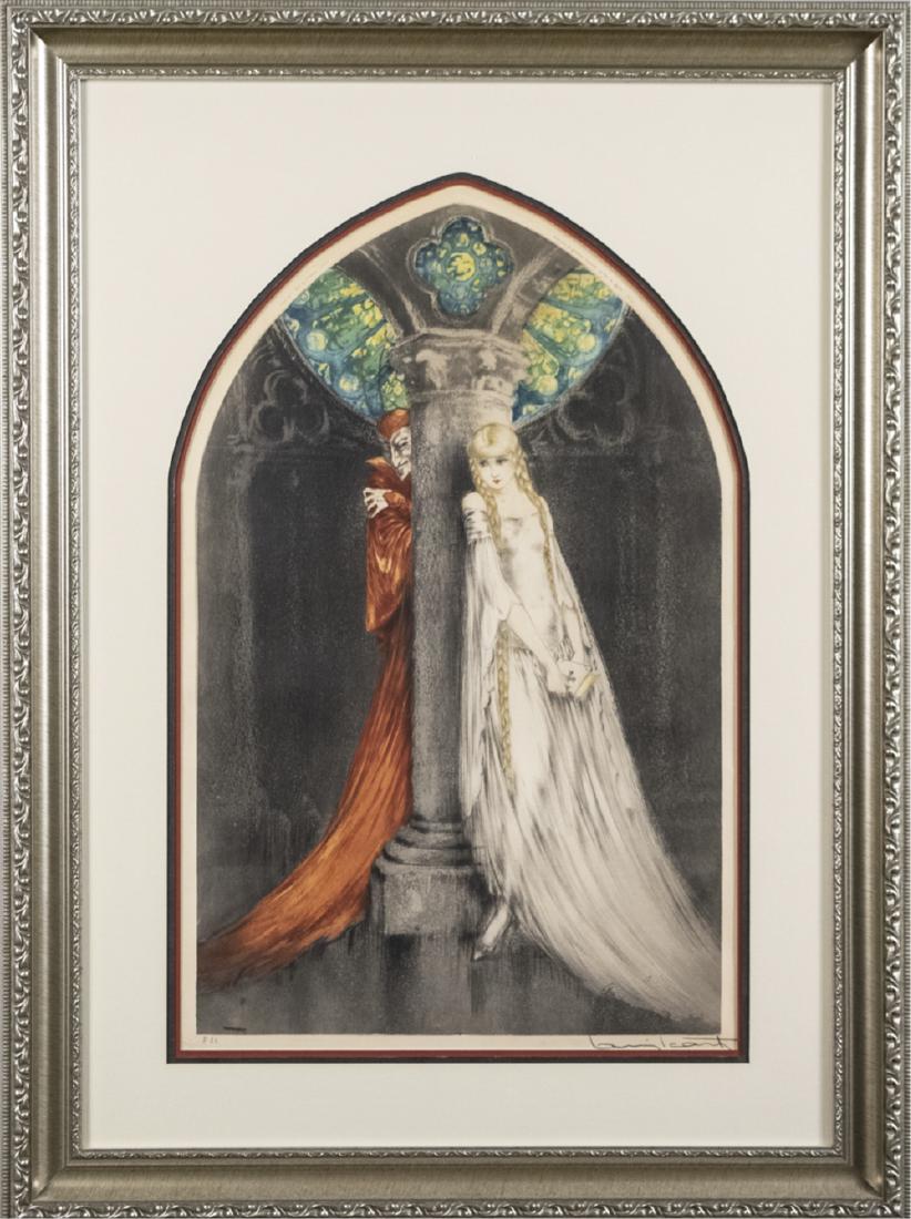 Louis Icart (French, 1888 - 1950): Faust. Handcolored etching and drypoint on paper. Signed at lower right and editioned 486. Copyright 1928. Sight size, 21 x 13 1/2 inches. Frame size, 30 x 22 inches. Matted and framed. Notice to bidd