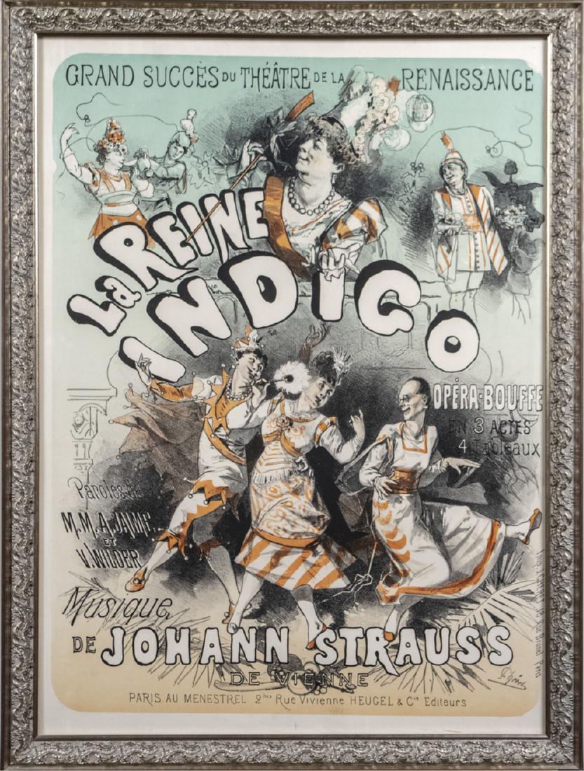 Jules Cheret (French 1836 - 1933): La Reine Indigo. Lithograph on paper. Frame size, 33 x 25 inches. Notice to bidders: Condition reports and additional photographs are provided by request as a courtesy to our clients, as such any cond