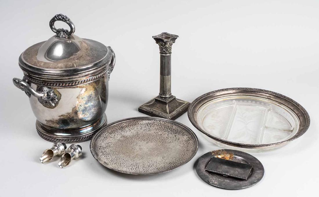Group of Silver Plated Table Articles: Including a sterling mounted glass tray, silver plated ice bucket, a candlestick, card case, etc. Notice to bidders: Condition reports and additional photographs are provided by request as a courtesy 