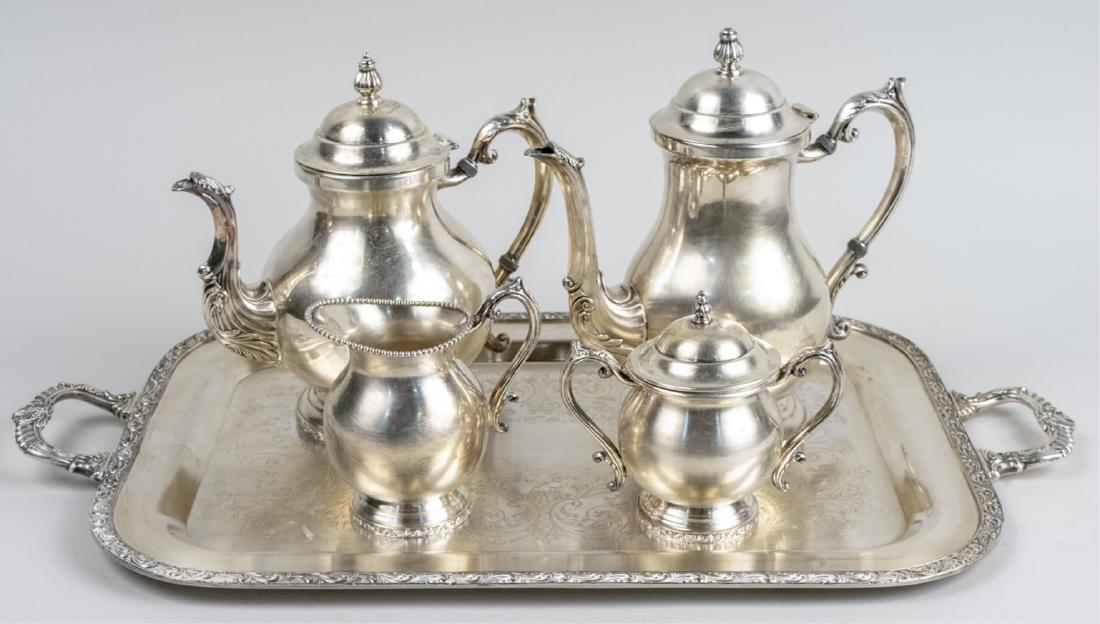 B Rogers Silver Plated Tea and Coffee Service: Coffee pot, height 10 1/2 inches, tray, width over handles 25 3/4 inches. Notice to bidders: Condition reports and additional photographs are provided by request as a courtesy to our clients, as such 