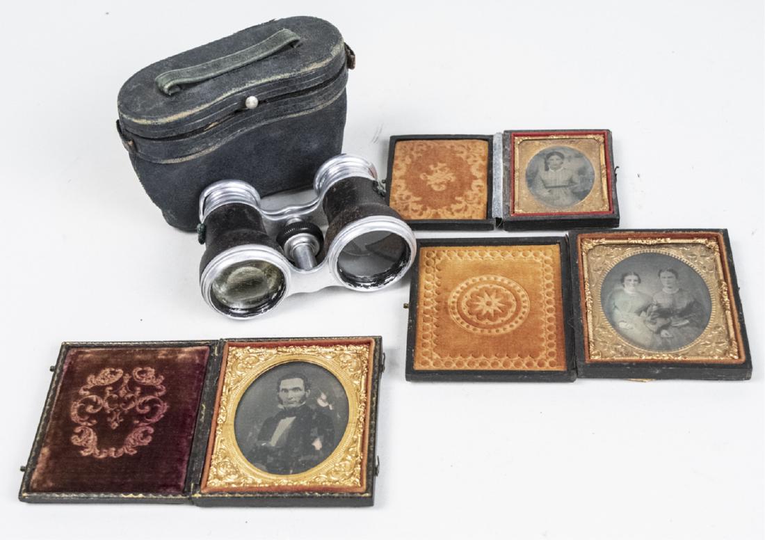 Three Daguerrotypes and Opera Glasses: Leatherette cases, together with a pair of opera glasses. Notice to bidders: Condition reports and additional photographs are provided by request as a courtesy to our clients, as such any condition re