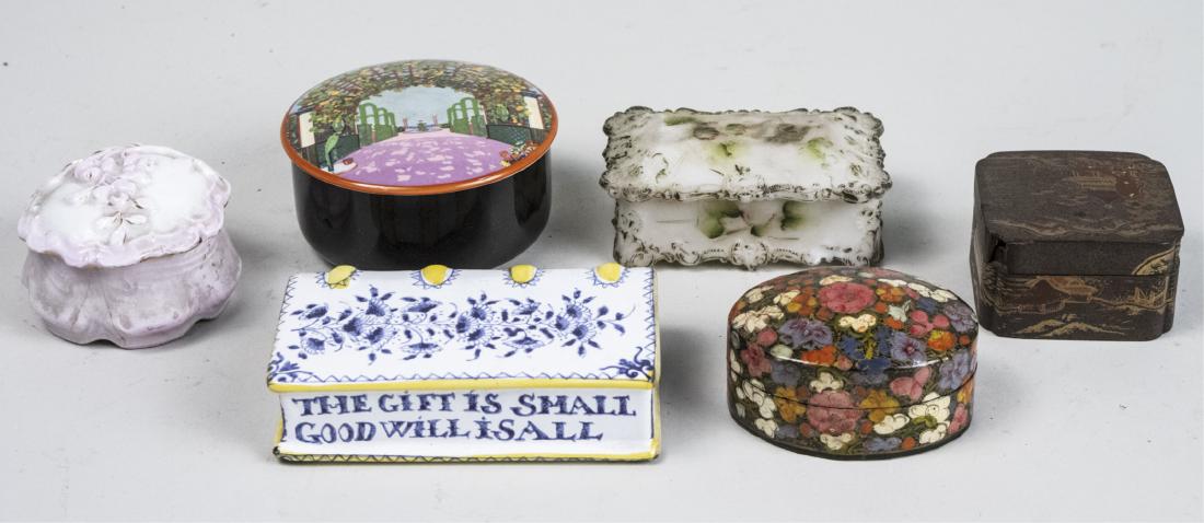 Six Trinket Boxes: Including glass, lacquer, and porcelain boxes. Various sizes. Notice to bidders: Condition reports and additional photographs are provided by request as a courtesy to our clients, as such any conditio