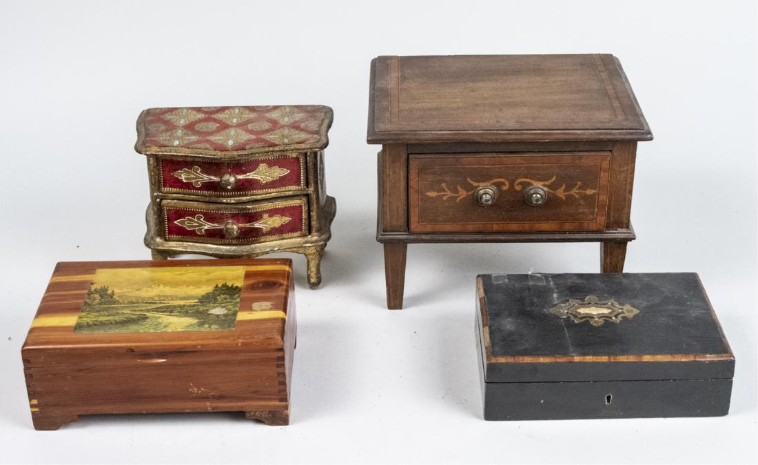 Four Decorative Boxes: Including two footed chest boxes, a Victorian box, etc. Largest, height 7 1/2 inches. Notice to bidders: Condition reports and additional photographs are provided by request as a courtesy to our clien