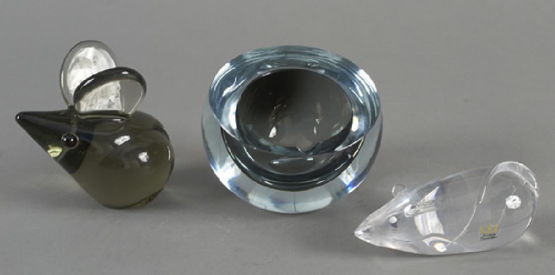 Group of Scandinavian Glass Decorations: Comprising two figures of mice and a small dish. Largest height 4 1/4 inches. Notice to bidders: Condition reports and additional photographs are provided by request as a courtesy to our clients, as s