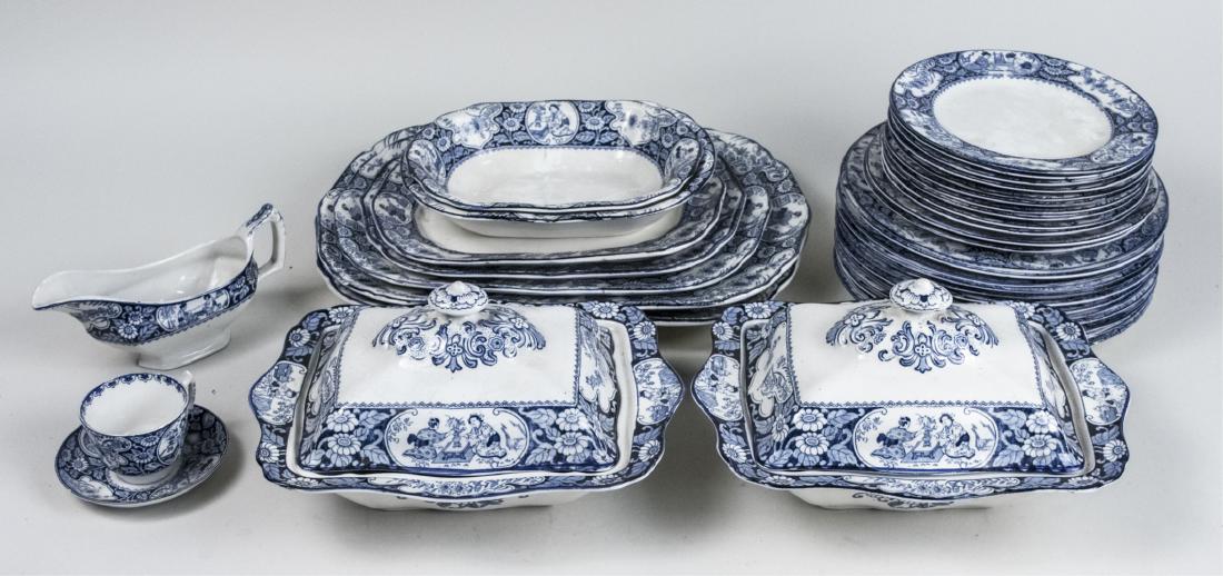 Wood & Sons England Porcelain Service: Approximately fifty five pieces, Buddha pattern, comprising eleven dinner plates, two luncheon plates, ten salad plates, eleven cups, twelve saucers, a finger bowl, five graduated platters, two rectan