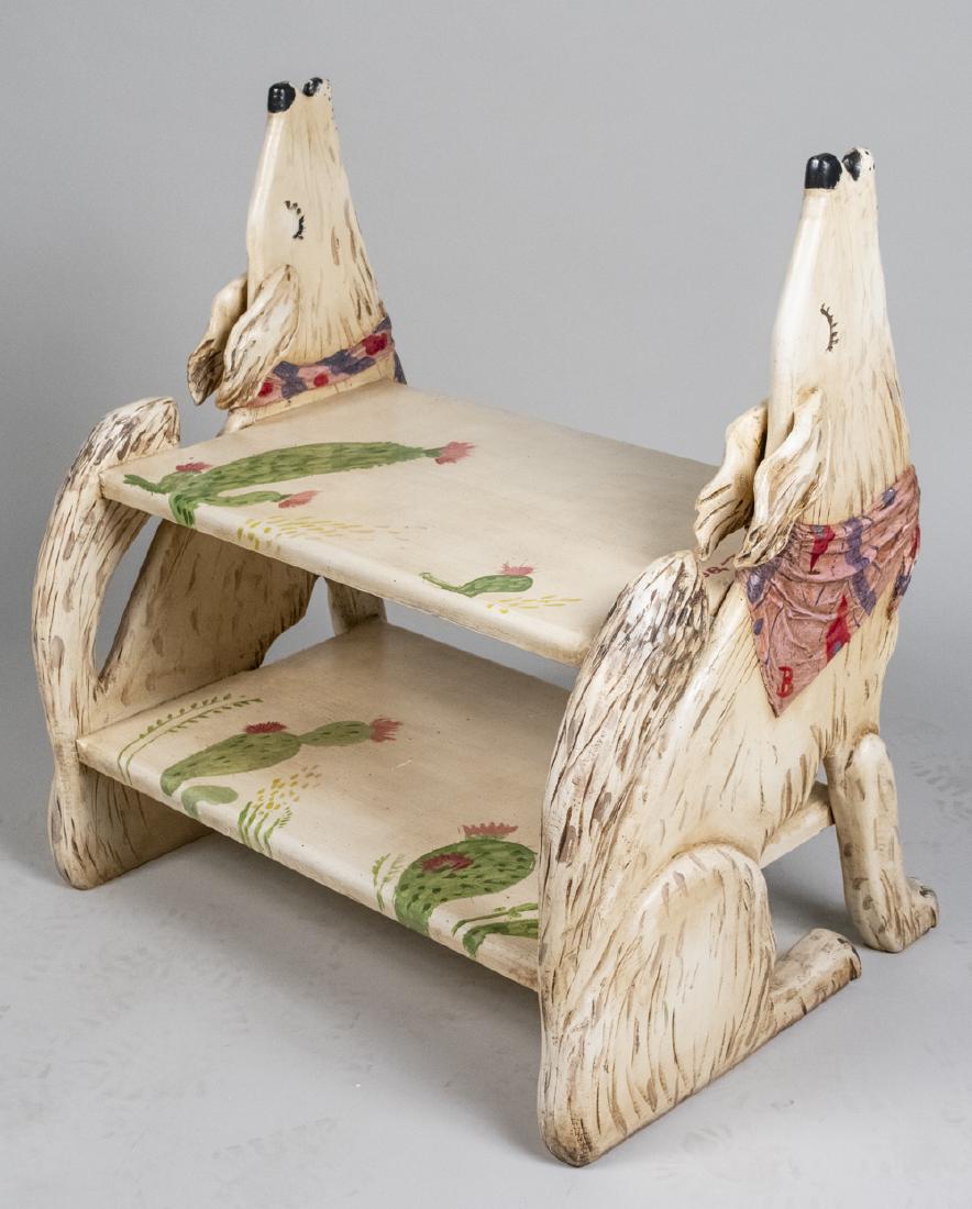 David Ross Carved & Painted Wood Bench: Rectangular seat and open lower shelf on carved howling coyote supports, signed. Height 32 inches, width 19 inches, depth 19 inches. Notice to bidders: Condition reports and additional photographs are