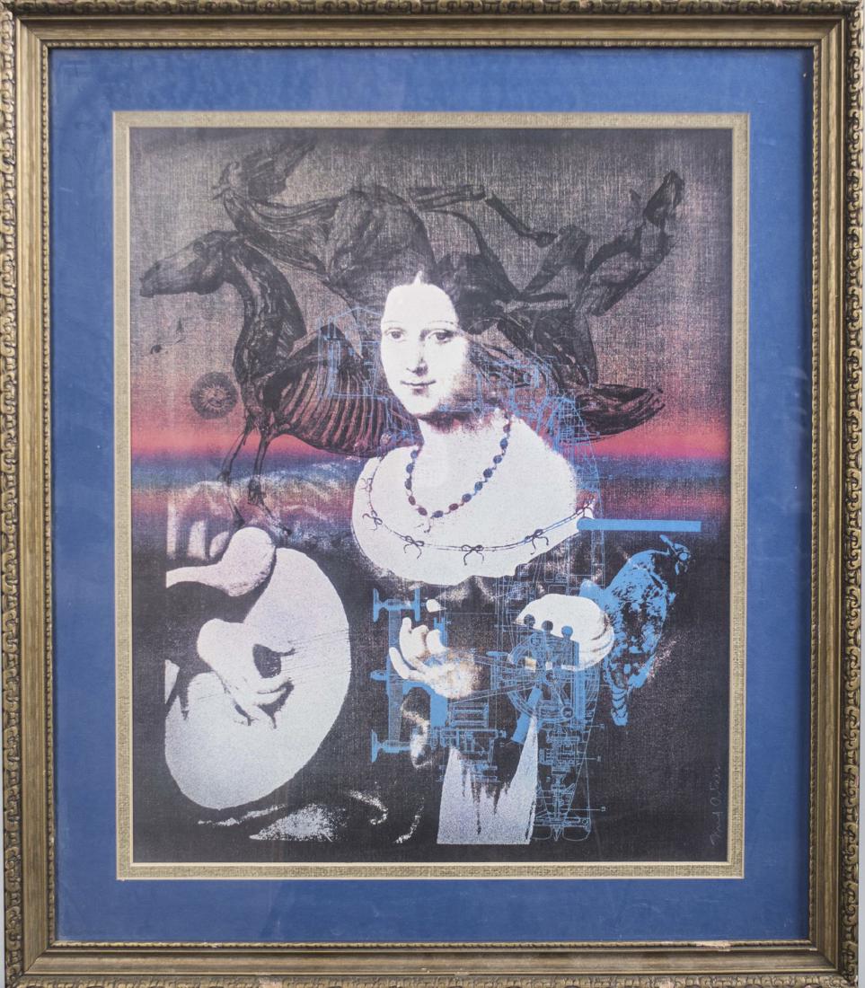 Fred Otnes (American, b 1930): Lute Player. Reproduction print. Sight size 22 1/4 x 18 1/4 inches. Matted and framed. Notice to bidders: Due to the nature of this particular online sale, the lots offered may not be available for de